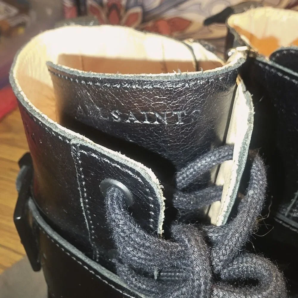 ALLSAINTS Sz 7 ONYX Black Combat Lace Up Zipper Buckle Lug Sole Moto Biker Boots - Picture 6 of 16